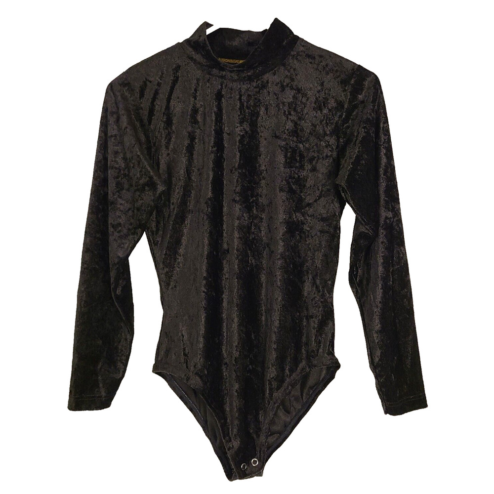 Happy Legs Velvet Bodysuit Small Black Long Sleeve Mock Neck Vintage 90's Snap